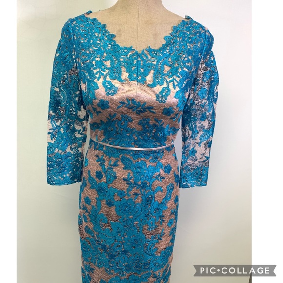 JS COLLECTIONS EMBROIDERED MESH LONG SLEEVE TURQUOISE LACE BRAND NEW W TAG DRESS - Picture 2 of 6